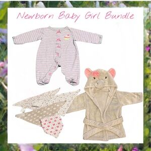 Newborn Baby Girl “Bath & Bedtime” Bundle. Sleeper, Robe and Bibs.
